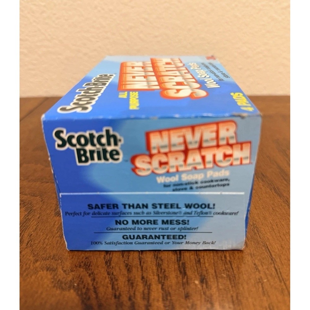 Scotch-Brite Never Scratch Wool Soap Pads By 3M 1996, 4 Pads, One Box, Vintage - Picture 4 of 5